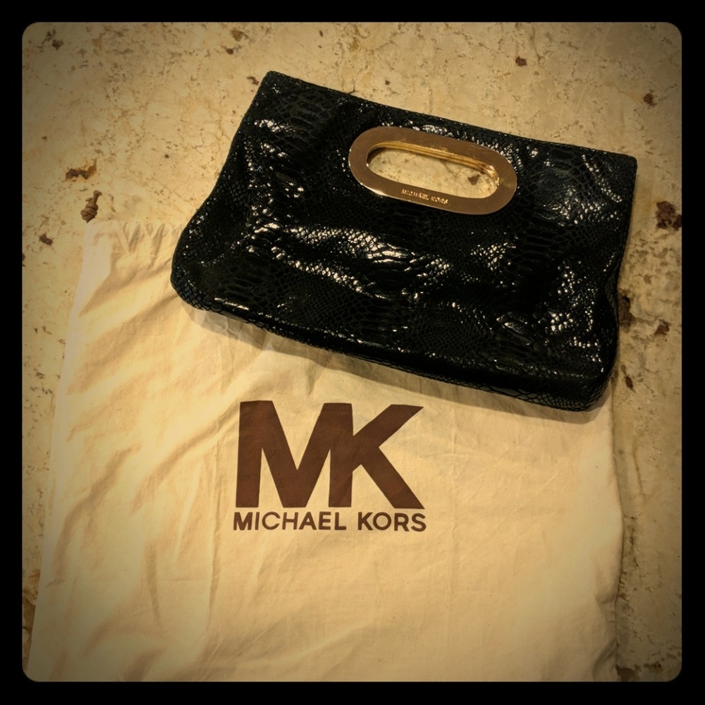 Michael Kors black patent snake skin clutch